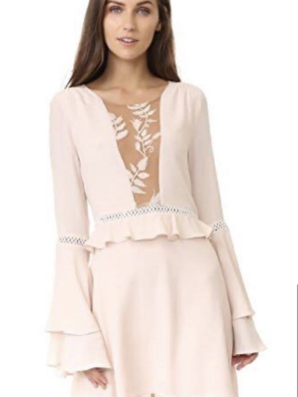 NWT For Love & Lemons Emelia Women's Blush Lace-Inset Ruffle Dress, Sz M